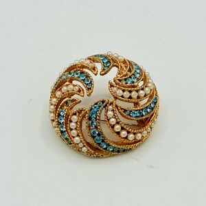 Signed BSK Vintage Brooch Gold Tone Blue Rhinestones Faux Pearls Swirl Pin 1.75"